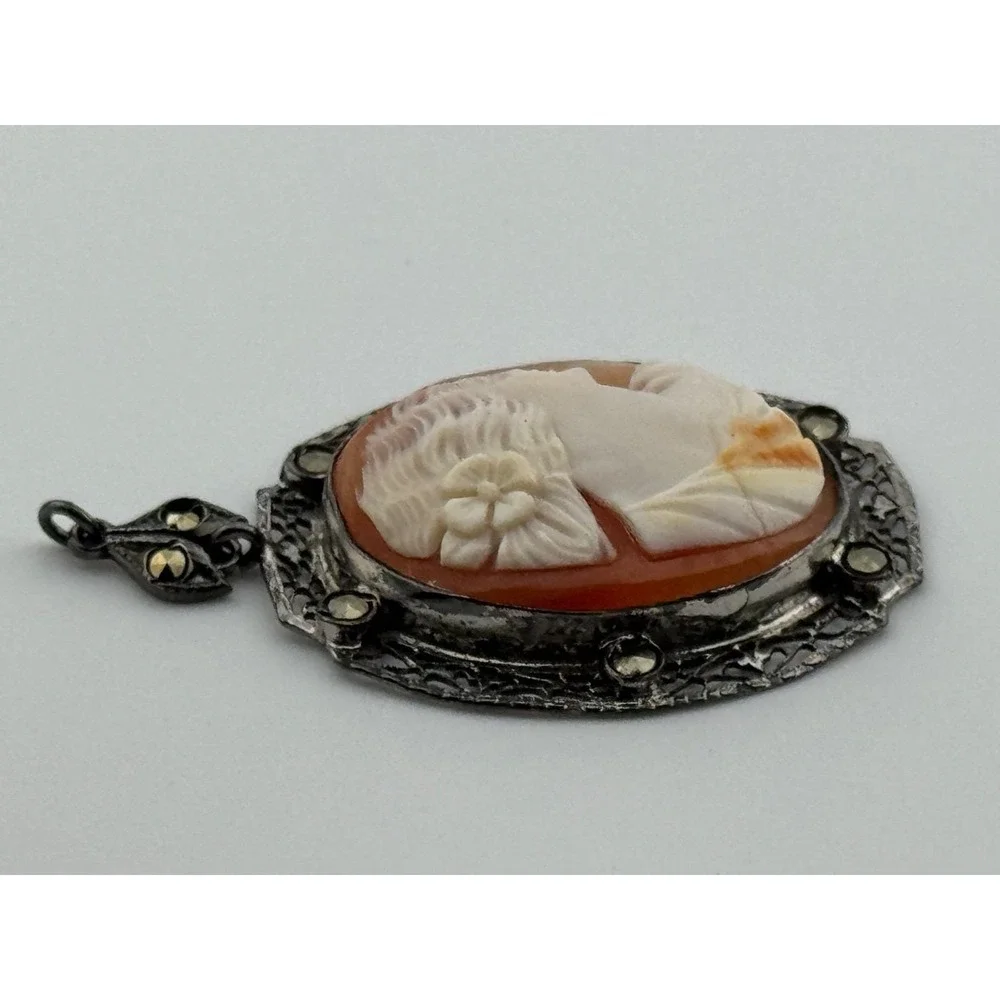 Vintage‎ Art Deco Sterling Silver Filigree Marcasite Carved Shell Cameo Pendant